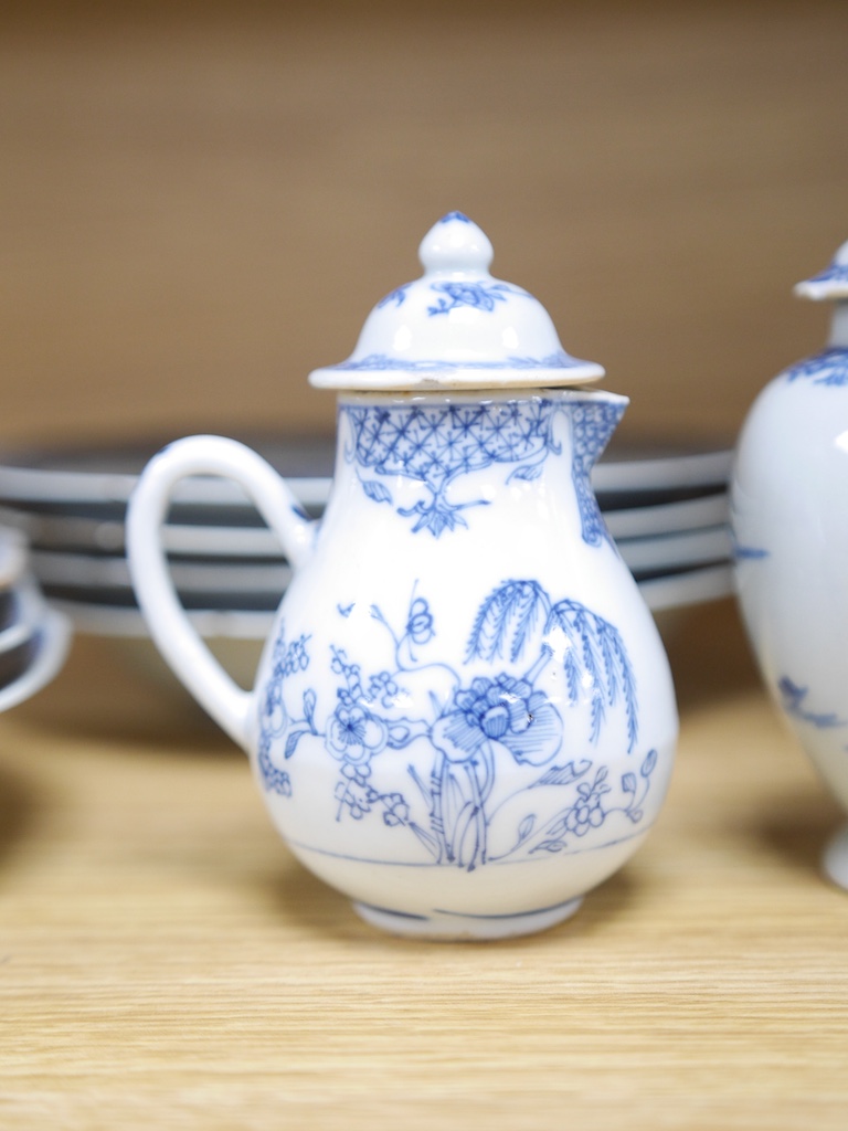 A group of 18th century Chinese export blue and white plates, two similar vases and a jug, largest 22cm wide. Condition - varies, some chipping and cracking